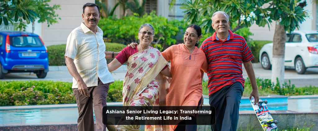 A group of four smiling elderly individuals walking together outdoors, showcasing a sense of community and joy in their retirement lifestyle.