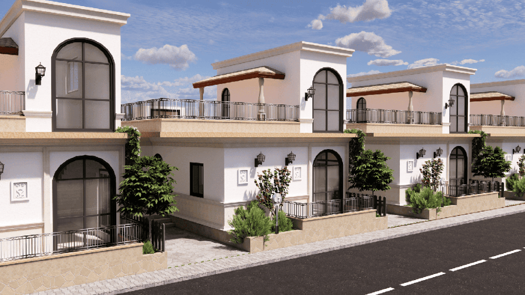 Exterior view of a modern senior living community featuring stylish single-story houses with balconies, greenery, and a well-maintained pathway.